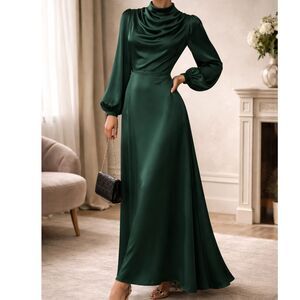 Emerald Satin Maxi Dress Draped High Neck Elegant Evening Small Cocktail